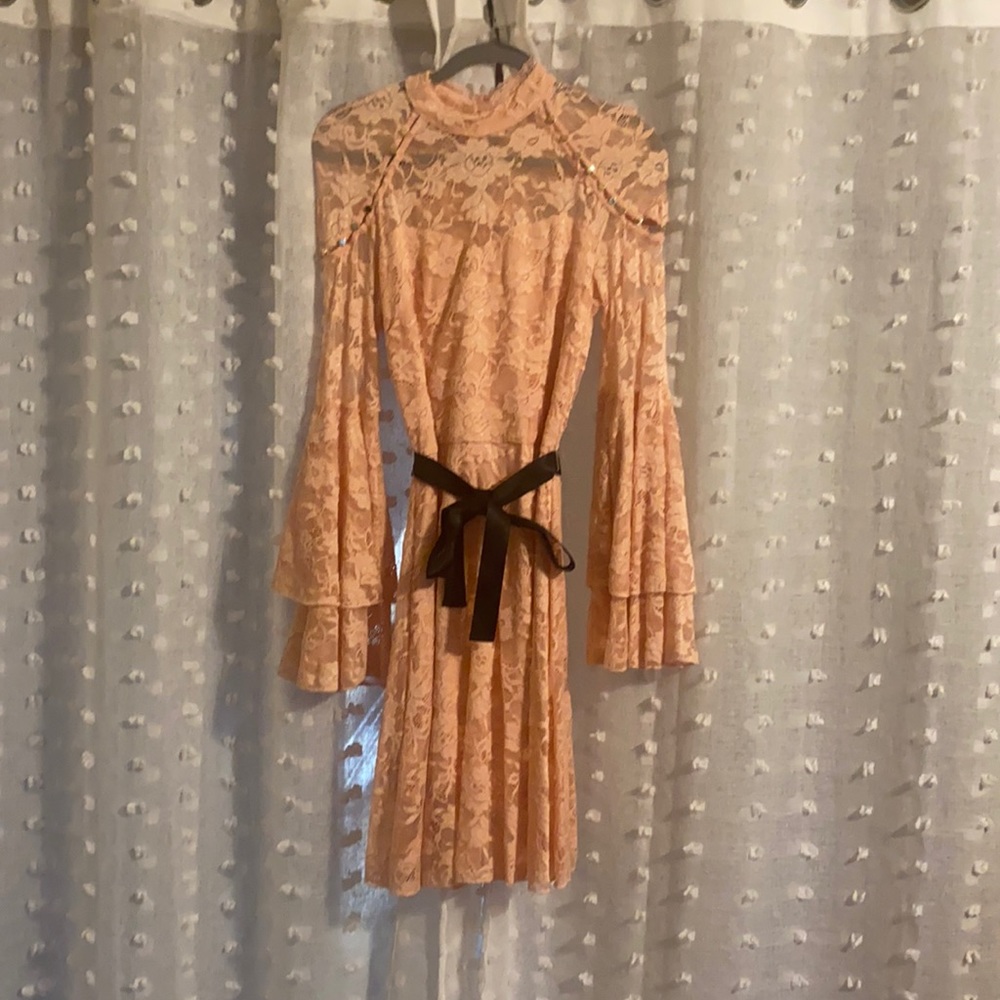 Bebe pink floral lace swing dress, long sleeves